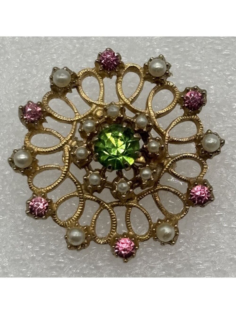 Vintage Gold Tone Filigree Brooch Openwork Green Pink Stones Faux Pearl Unsigned
